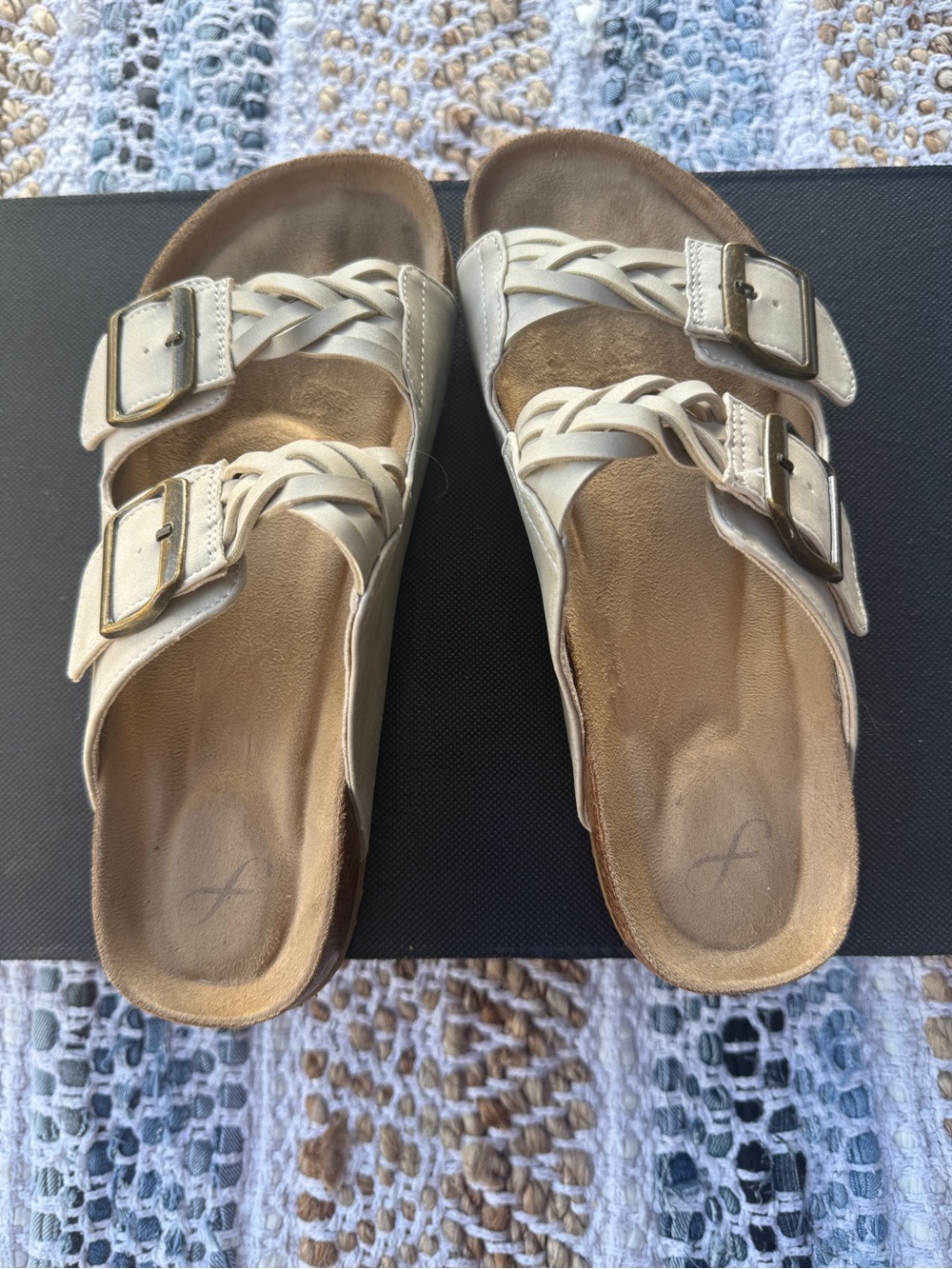 Freely Braided Double Buckle Slide Sandals in Beige